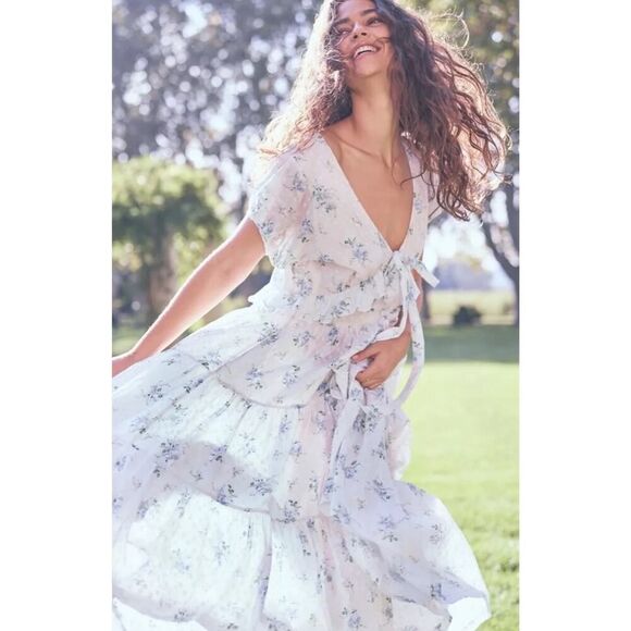 LOVESHACKFANCY Carlton Floral Maxi Dress Boho Cotton fit&flare sz 6 - Picture 1 of 14